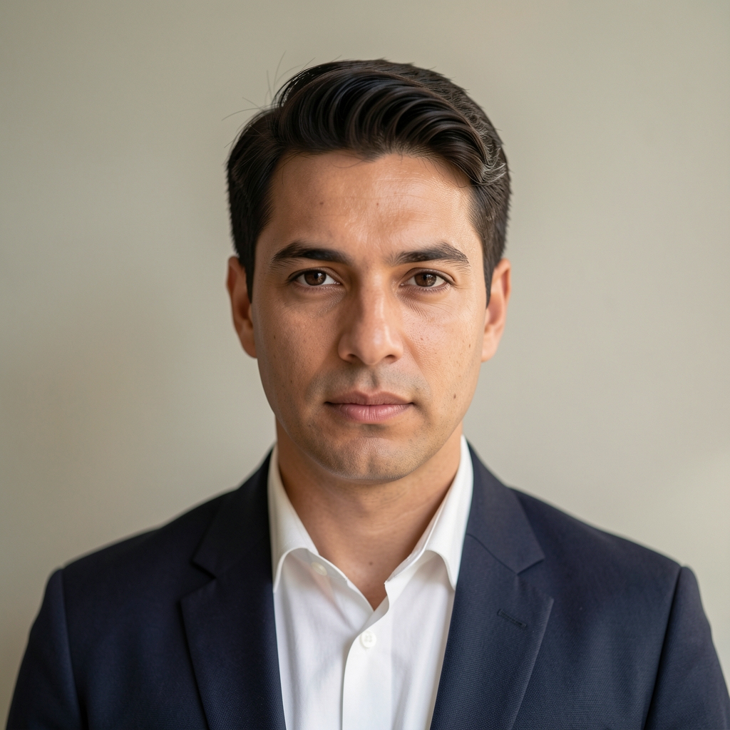 Профессиональное фото аналитика Алексея Романова — молодой мужчина в синем свитере с планшетом