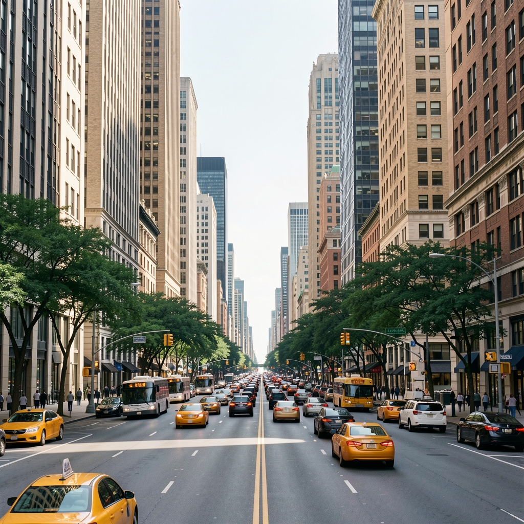 Вид на Северный Мичиган-авеню в Чикаго, Magnificent Mile — широкая улица с небоскрёбами, деревьями и оживлённым движением в ясный день